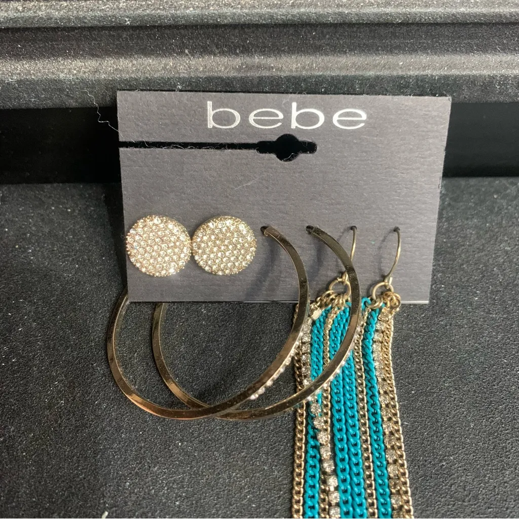 bebe Boho Retro Earring Set Hoop Studs Dangle Blue and Silver with Crystals New - Image 2