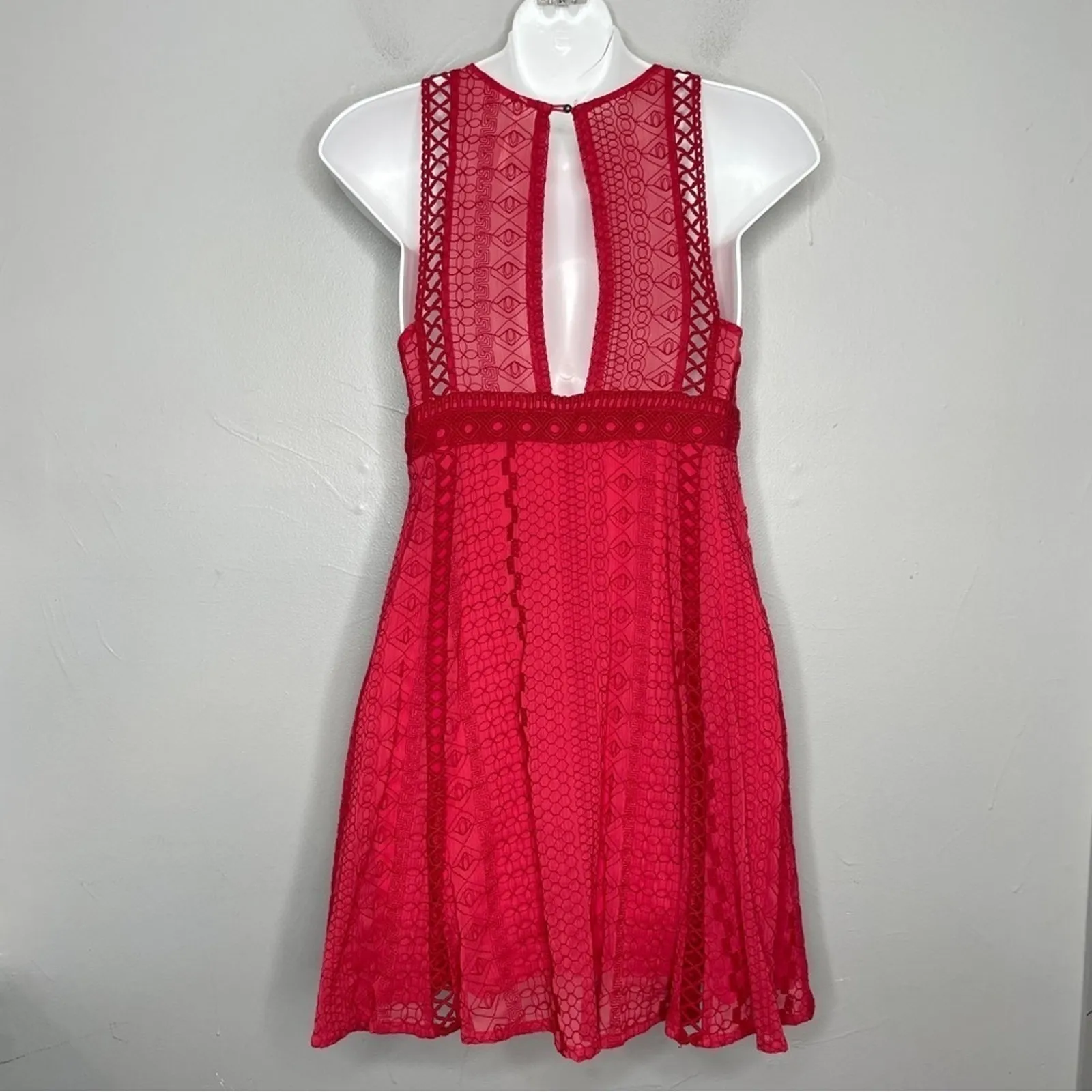 FREE PEOPLE Dress Womens Size 2 Cherry Red Crochet Mini Holiday Date Valentines - Image 9