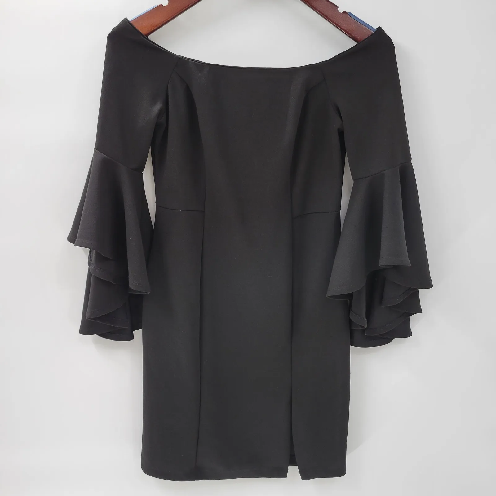 VTG‎ Bailey Blue Sheath Dress Womens M Black Trumpet Bell Sleeve Side Slit y2k - Image 13