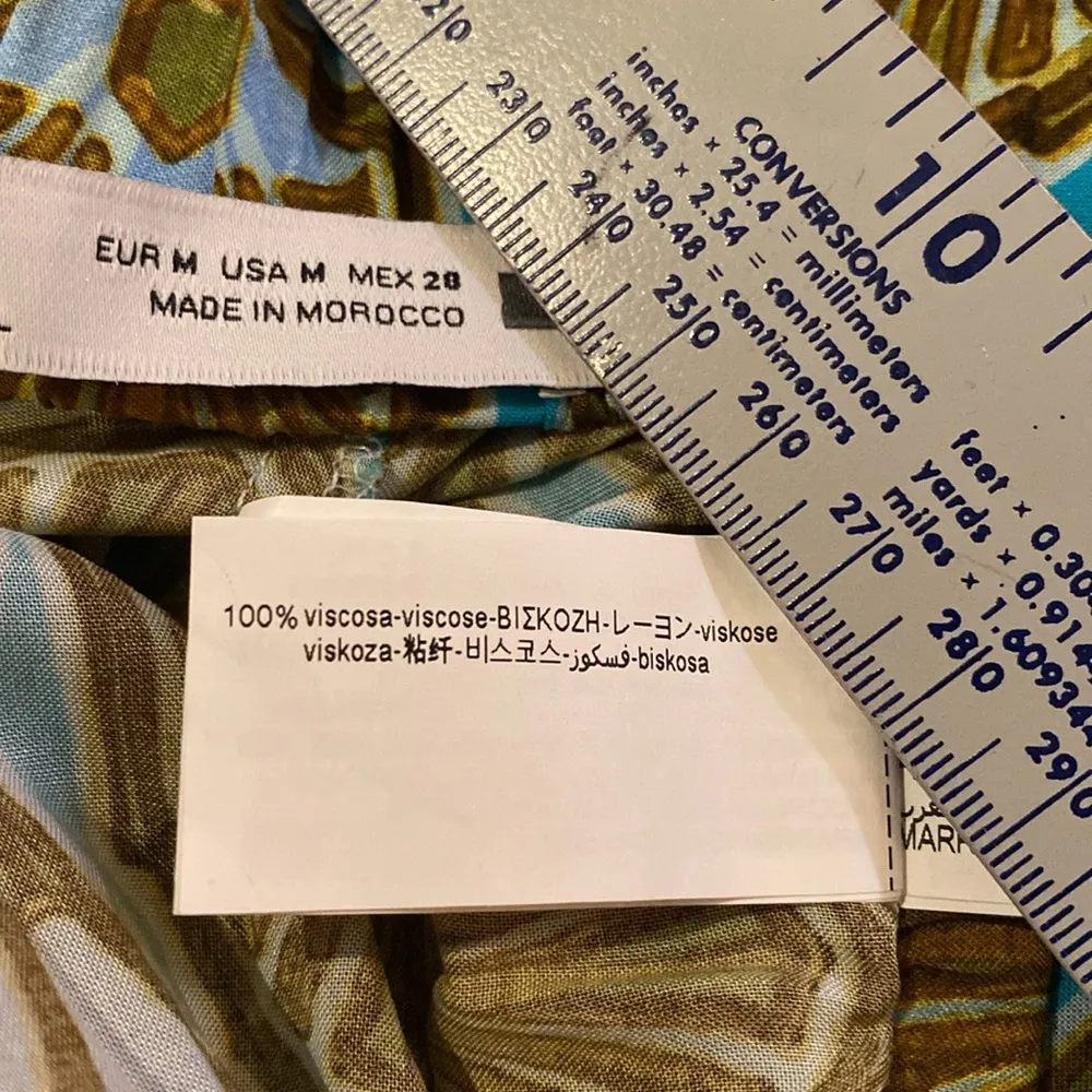 ZARA Wide Leg High Waisted Flowy Bohemian Geometric Pants Blue Aqua Sz Medium - Image 8