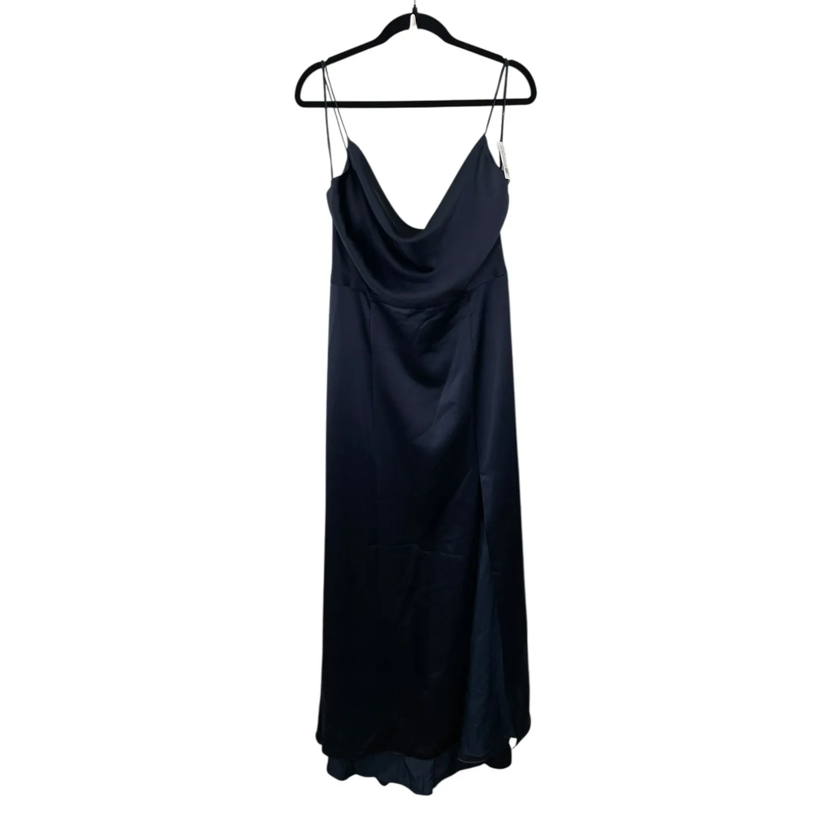 NWT AMSALE Chloe Navy Fluid Satin Drape Neck Side Slit Maxi Dress Size 16 GB131S Blue - Image 4