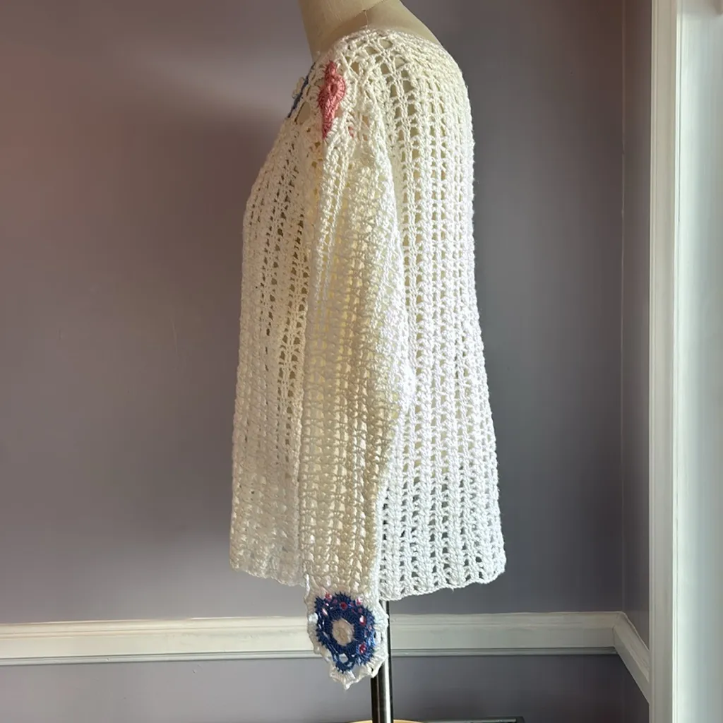 Vintage crochet open weave sweater with pink and blue granny square accents - Image 3