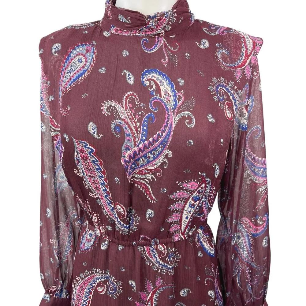 MNG Women's Red Maroon Paisley Long Sleeve Mockneck Cocktail Maxi Dress Size 6 - Image 7