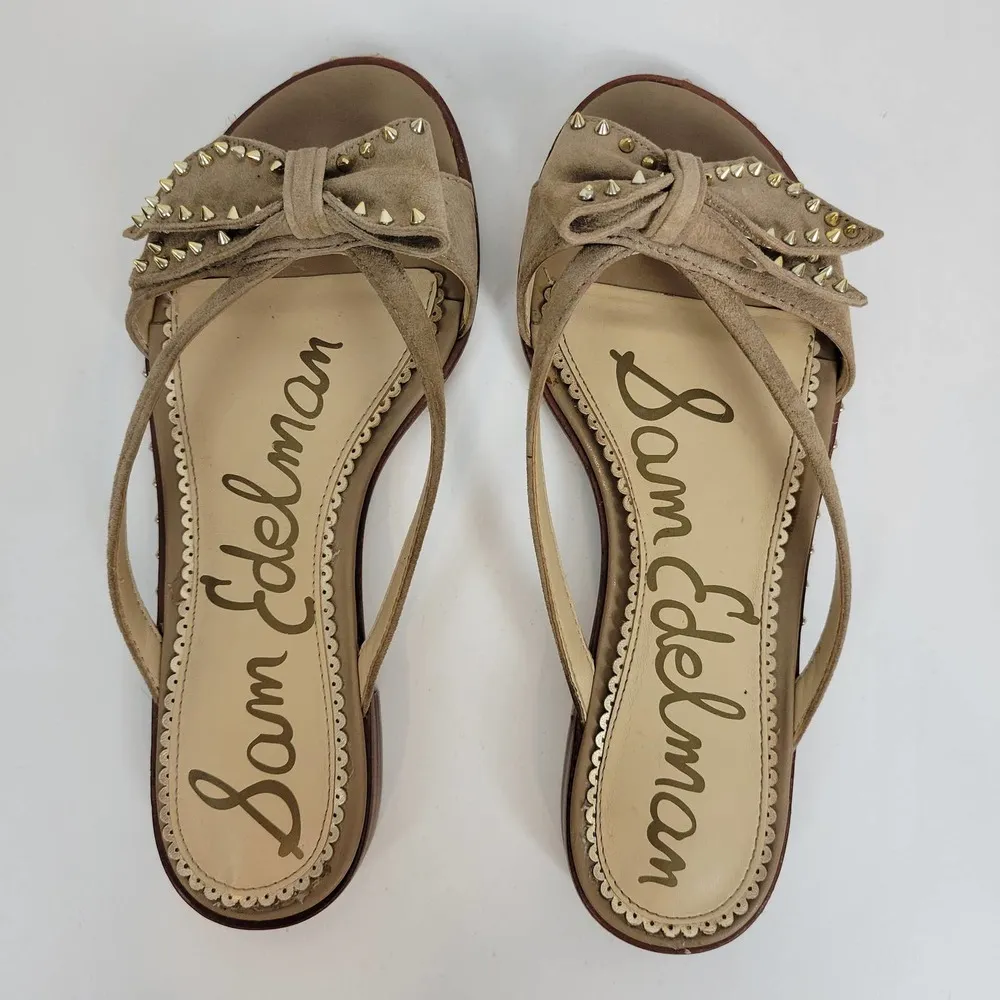Sam Edelman Womens Sandals Size 6 Tan Dariel Bow Suede Studded Slip On Flats - Image 3
