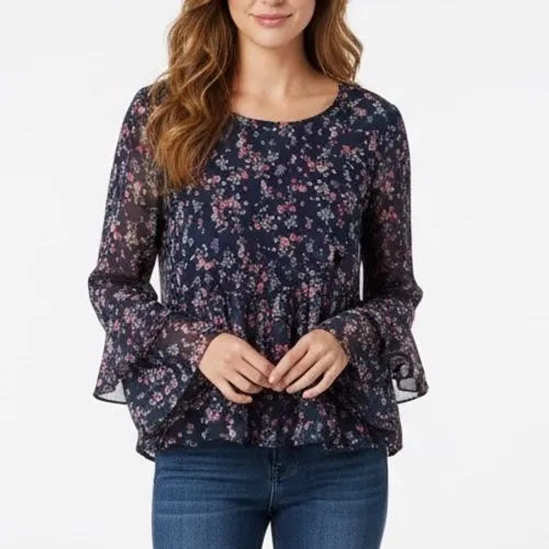 Crave Famous Navy Floral Bell Sleeve Peasant Blouse Top XL Blue - Image 7
