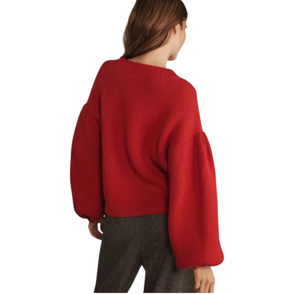 Anthropologie Maeve‎ Red Oversized Cotton City Sweater Take Me to Milan Sz Small - Image 2