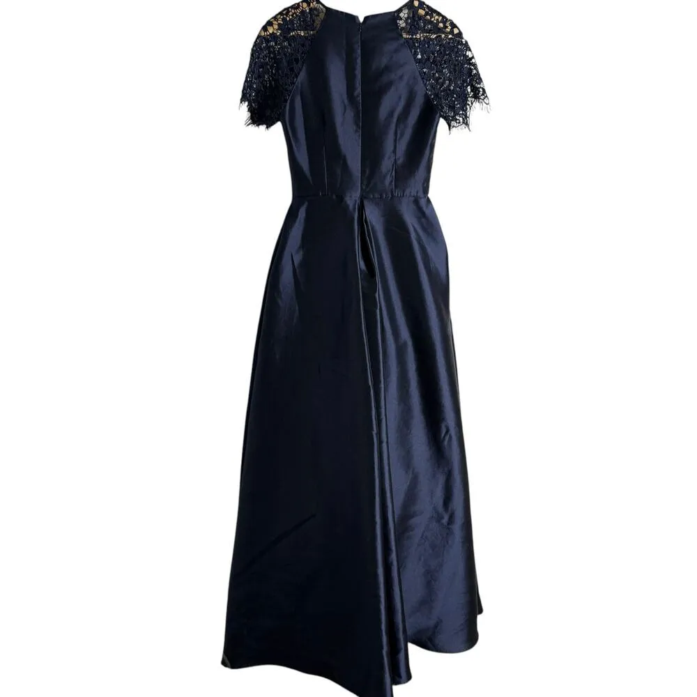 Monique Lhuillier Navy Blue Lace Satin Short Sleeve A - Image 9