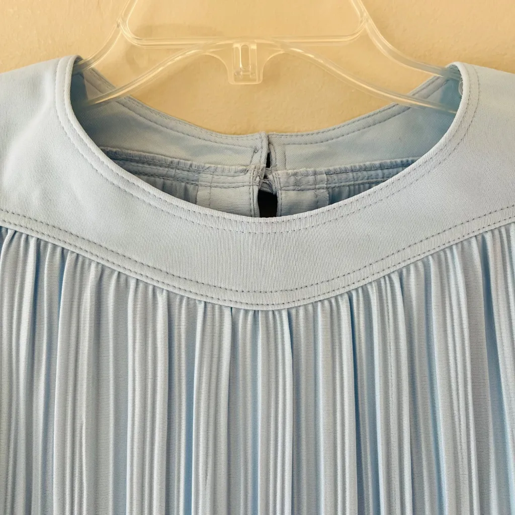 VTG 1970 Sz 12 Dress Ruffled Multi Tiered Accordion Pleated Short Sleeve‎ Blue - Image 2