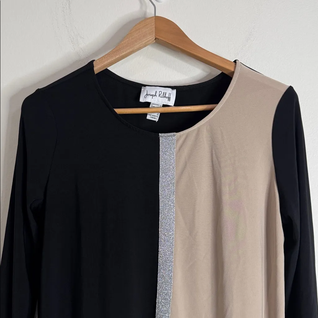 Joseph Ribkoff Evening Blouse Long Sleeve Color Block Sparkle Black Tan size 6 - Image 3