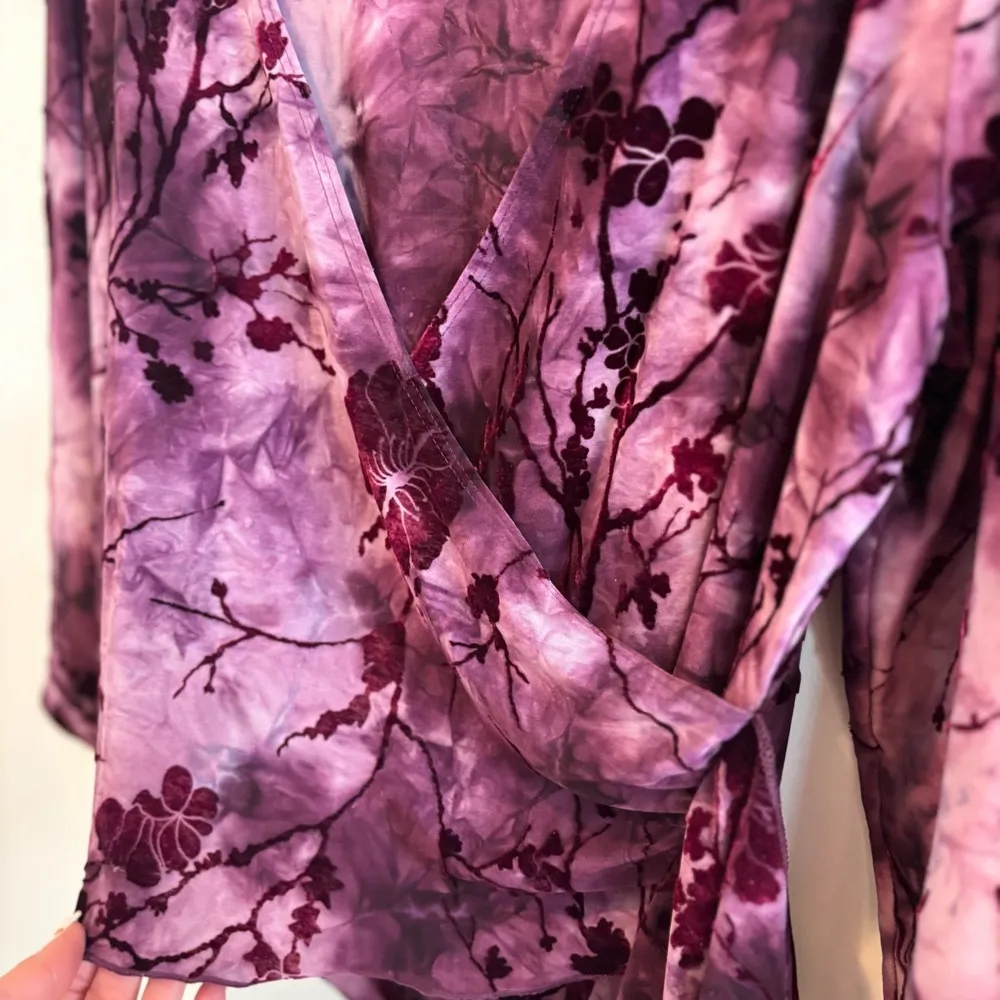 Y2K 90's Whimsical Tie Dye Floral Velvet Mesh Women's Faux Wrap Top Size Large - Image 3