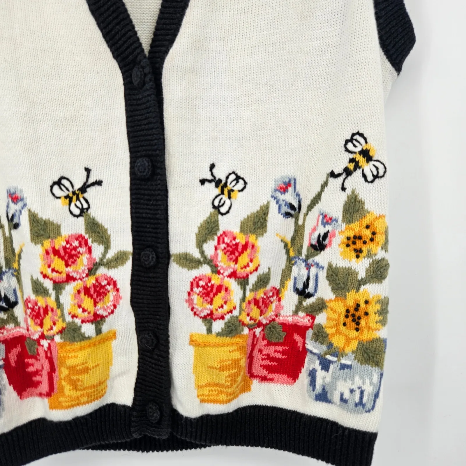Vintage Bechamel Floral Vest Medium Cream Black Knit Sleeveless Garden Button Up - Image 3