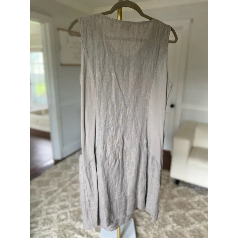 Lina Tomei Italian Linen Dress Taupe Shift Beaded Jewel Neckline Pockets Summer Gray Size L - Image 3