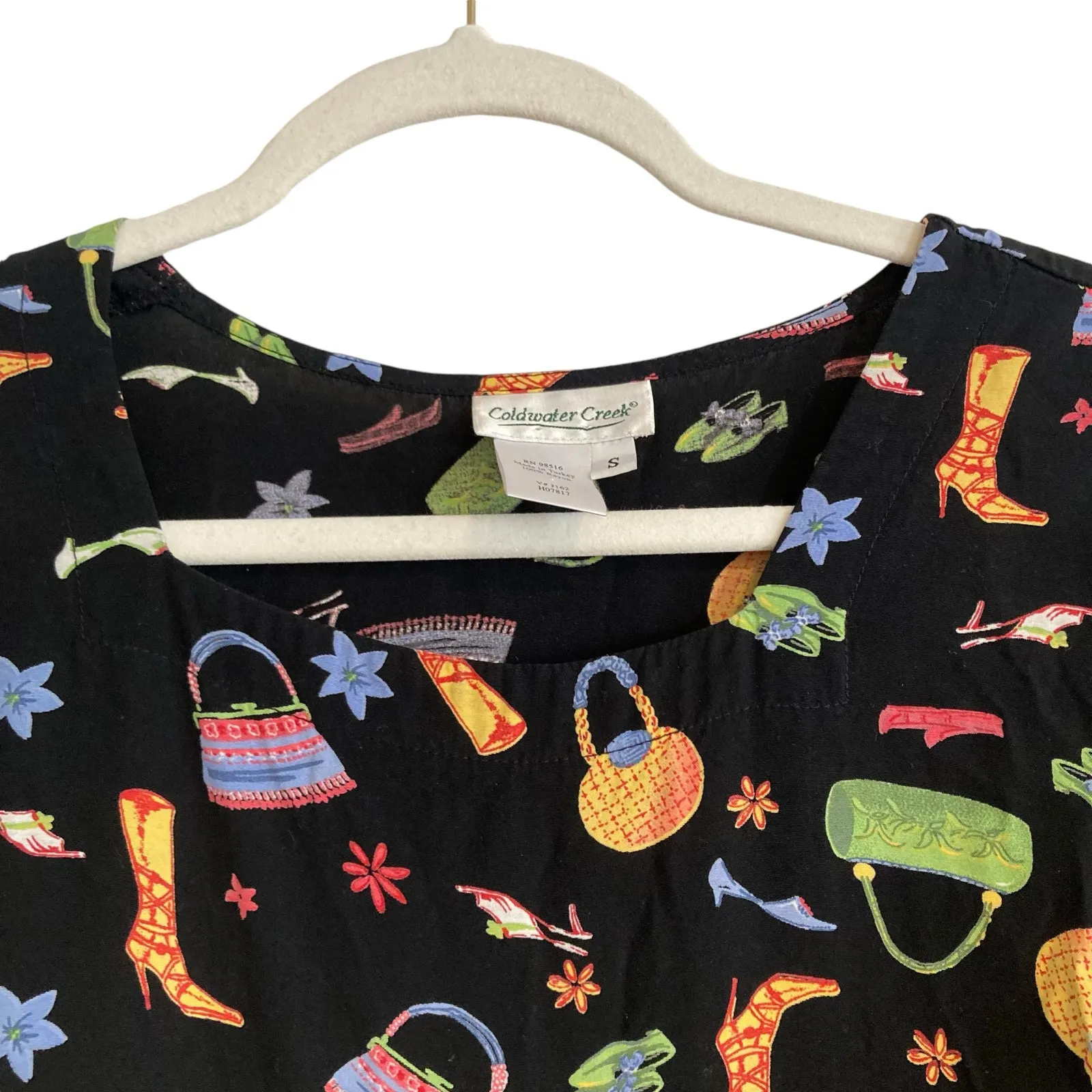 Vintage Y2K Coldwater Creek Black A-Line Dress Whimsical Print Sz Small Rayon - Image 14