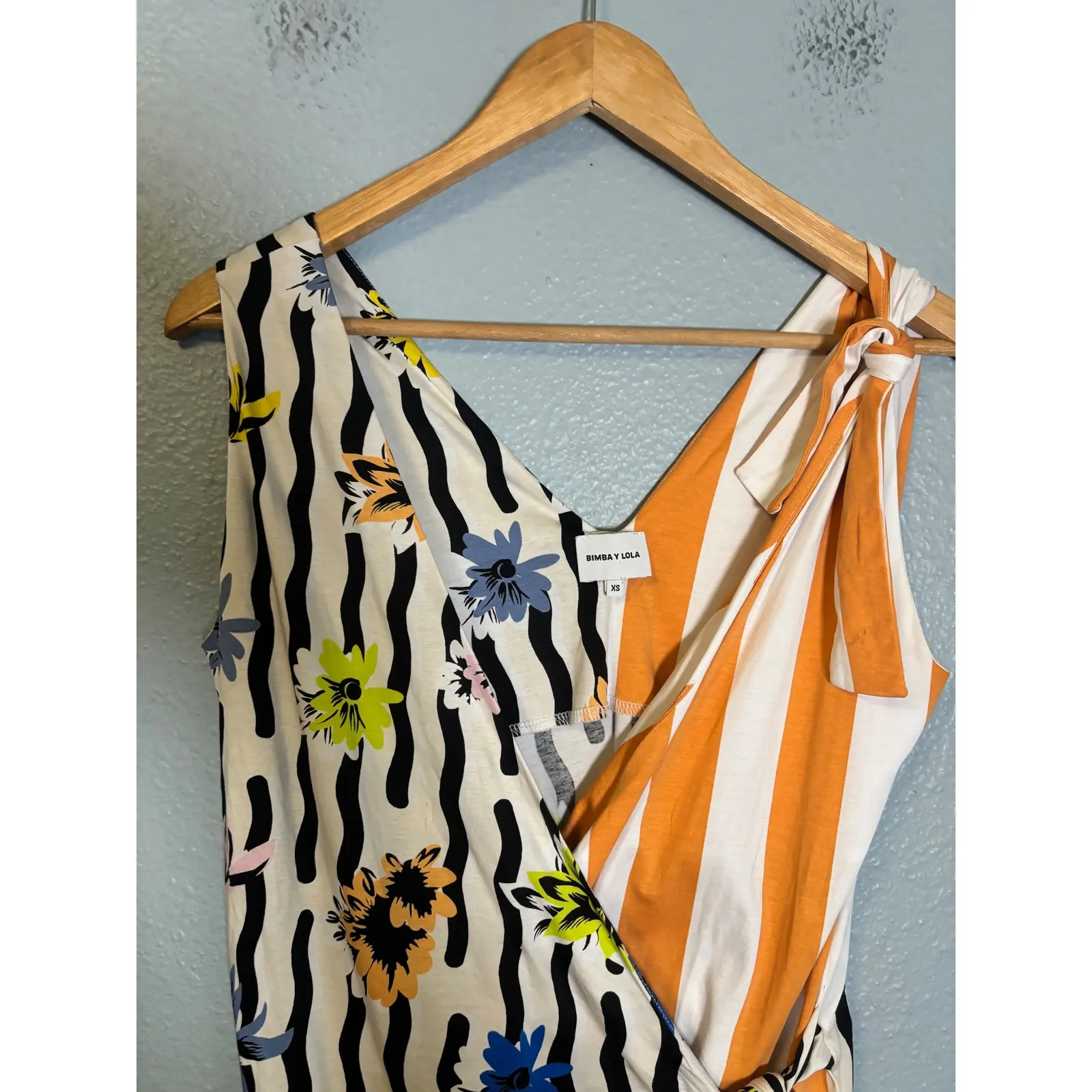 Bimba Y Lola Mixed Print Wrap Tank Top Size XS Stripe Floral Orange Beach Swim - Image 4