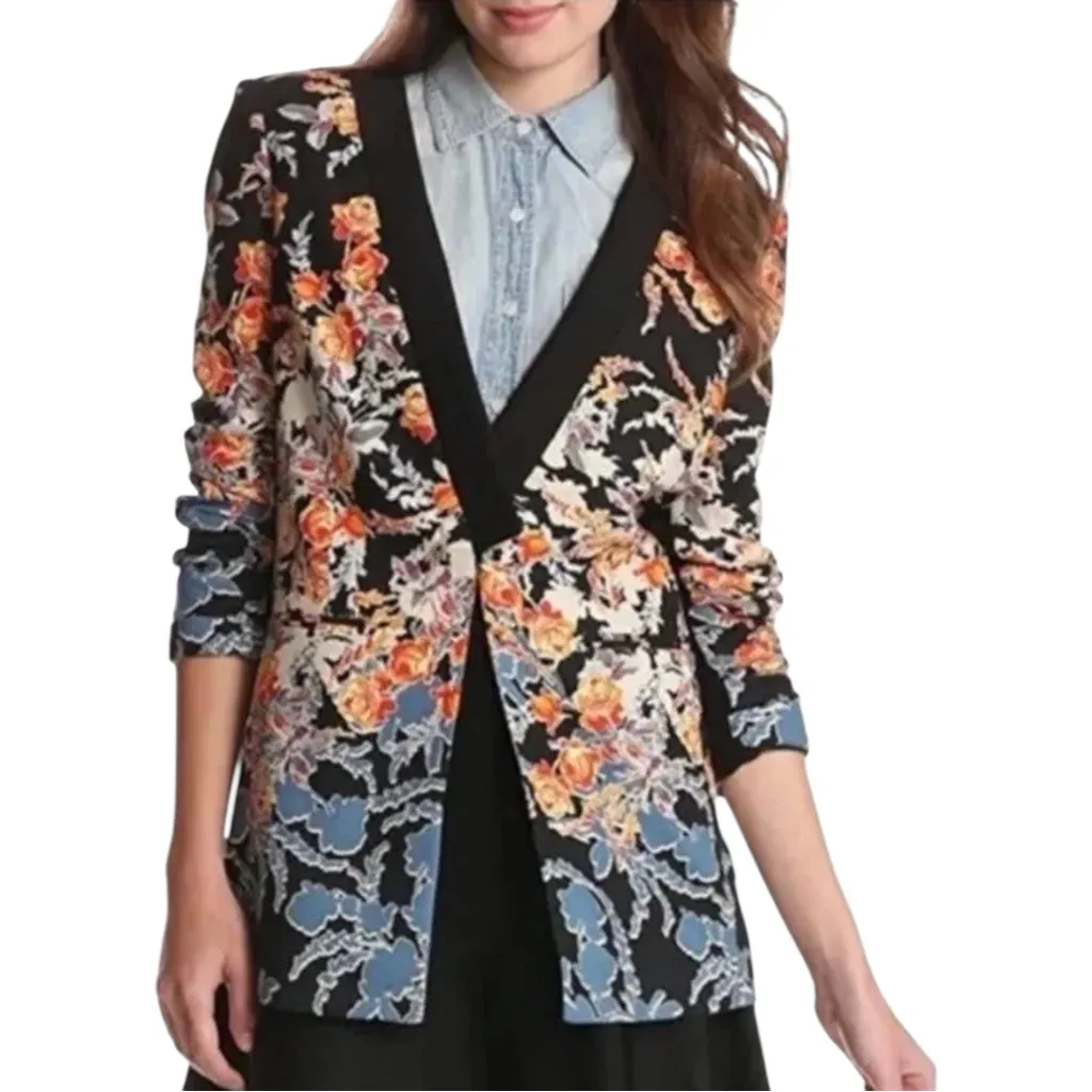 BCBGMAXAZRIA Floral Blazer Jacket Black Lapel Statement Career Chic Size M - Image 3