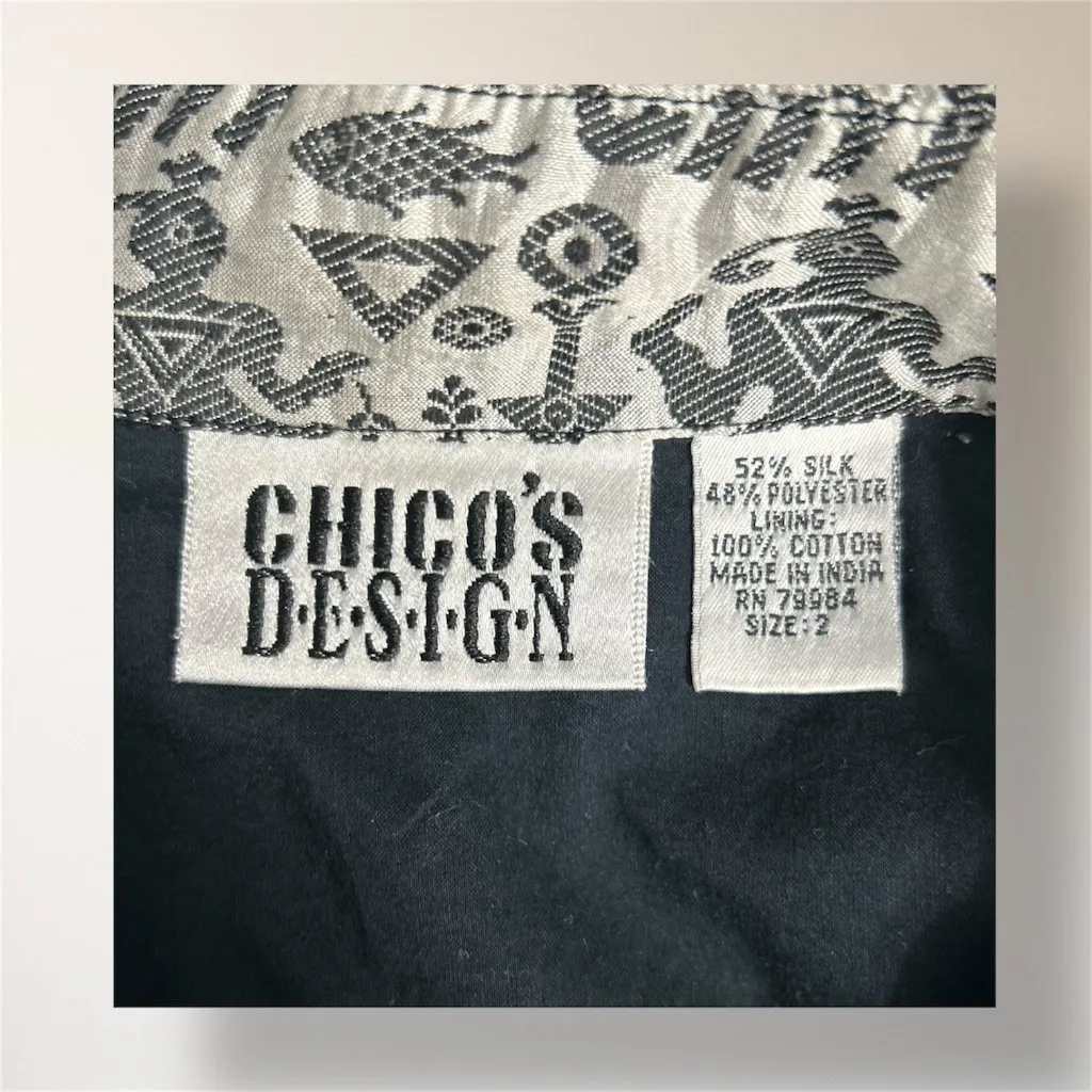 Vintage Chicos Design 2 Gray Tribal Silk Blend Embroidered Jacket Artsy Boho‎ L - Image 7