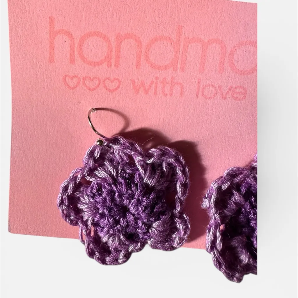 Handmade Elegant Purple Crochet Flower Earrings - Image 3