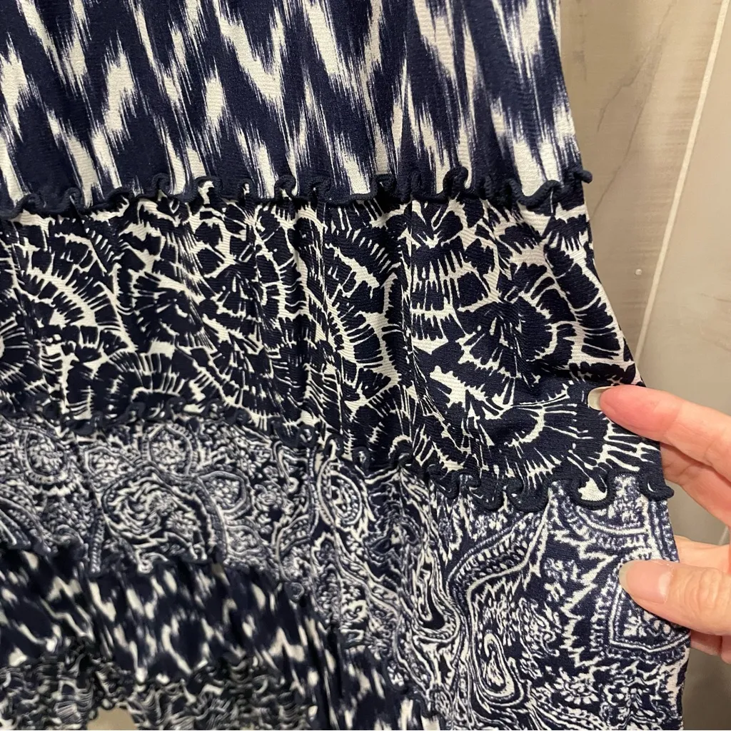 Cute navy white multiprint ruffle boho maxi elastic waist pull on skirt flowy - Image 7