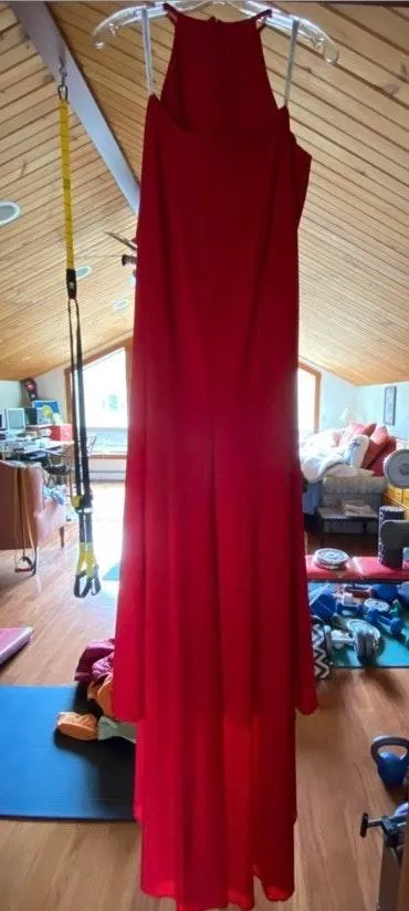 Two Piece Halter High Slit Red Prom Dress - Image 3