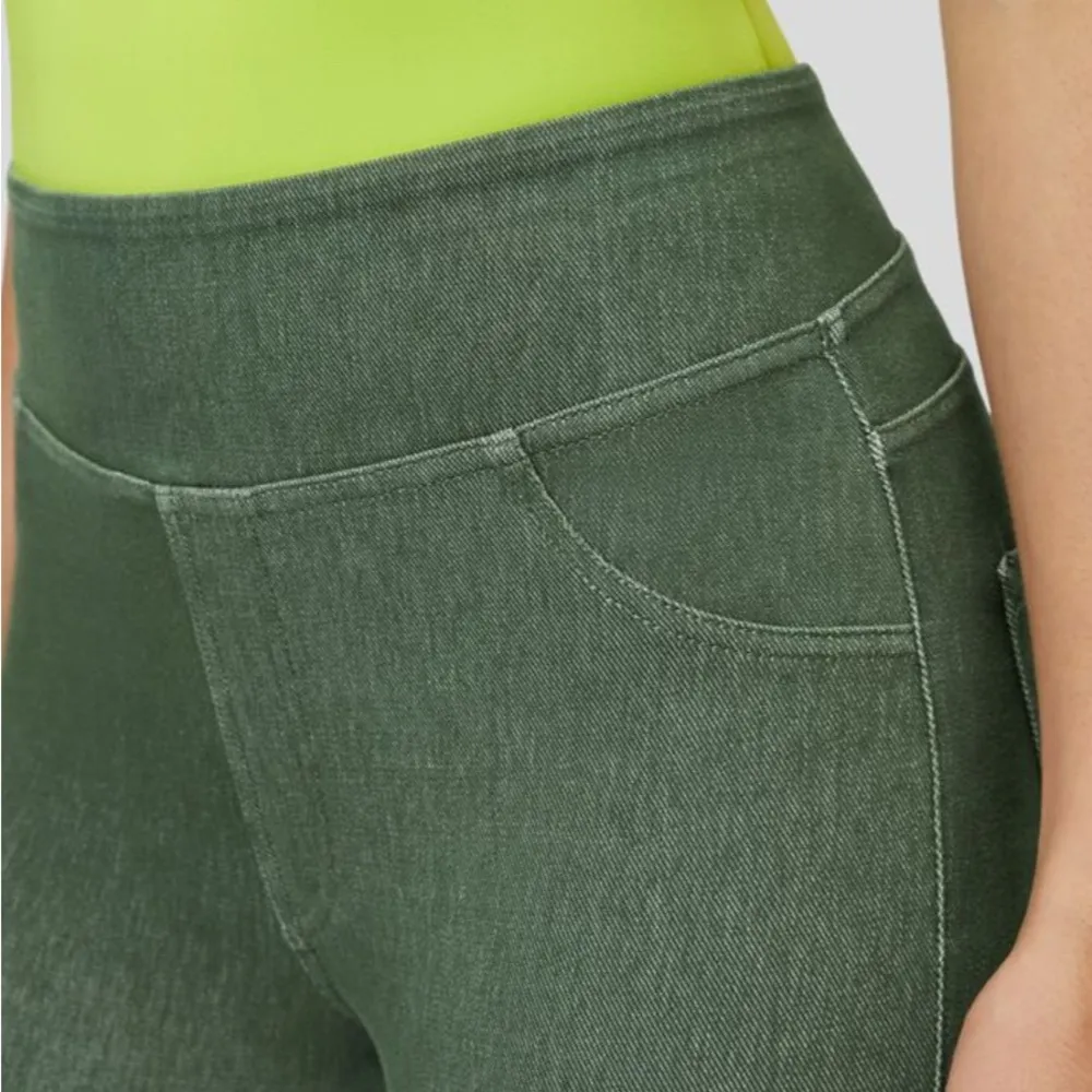 Flex High Waisted Back Pocket Forest Green Stretchy Knit Denim Leggings M - Image 2