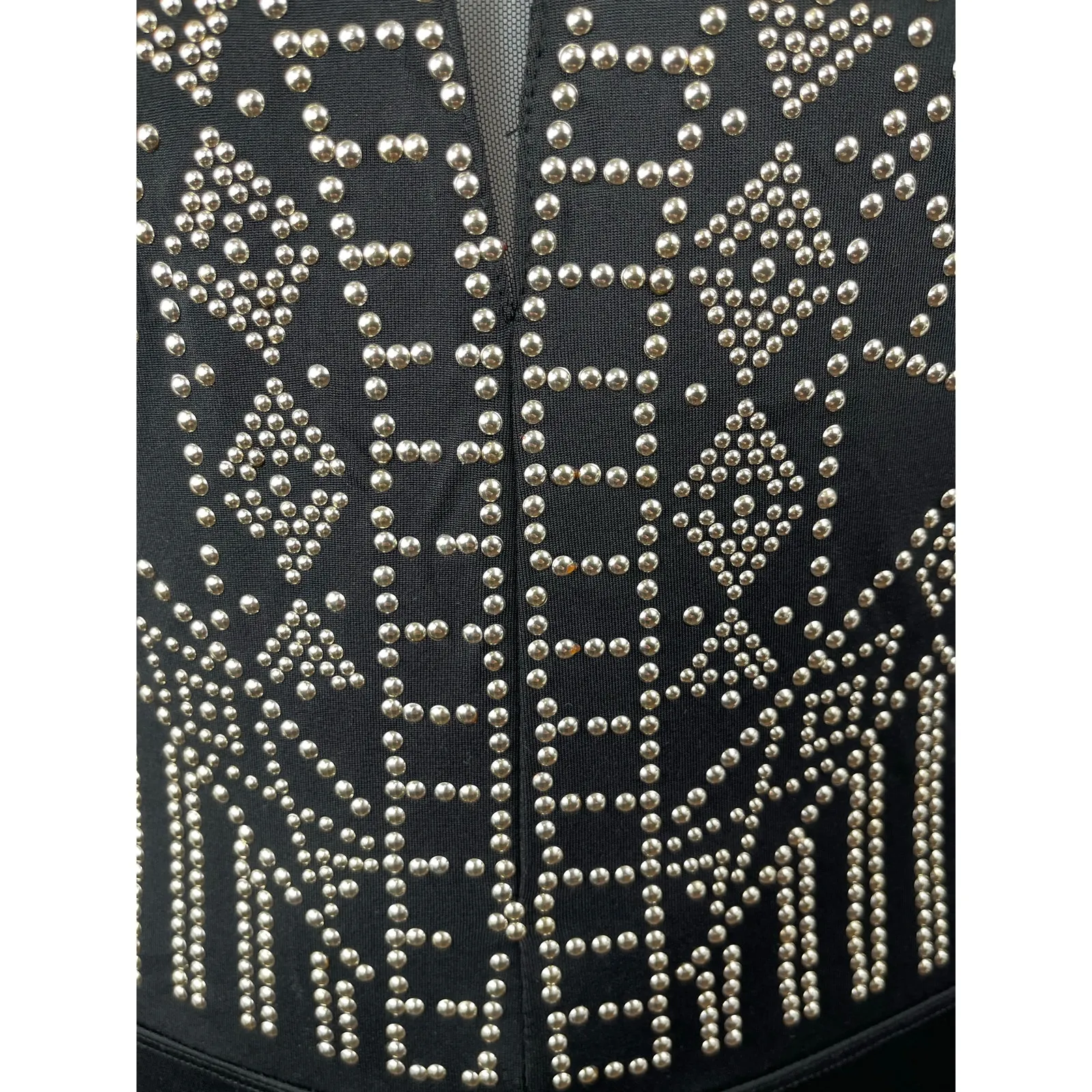 Banjul Black Geometric Stud Sheer Mock Neck Long Sleeve Bodycon Bodysuit Top S - Image 3