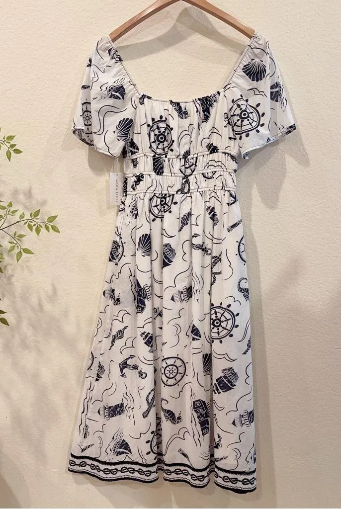 Moon River Short Sleeve Printed Midi Dress Ivory Multi Size Small NWT - Image 6