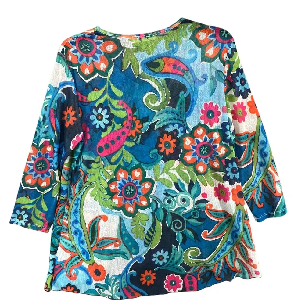 Jess Jane Marina Tunic Top Womens M Blue Floral Paisley Sheer Mesh Boho Resort Size M - Image 3