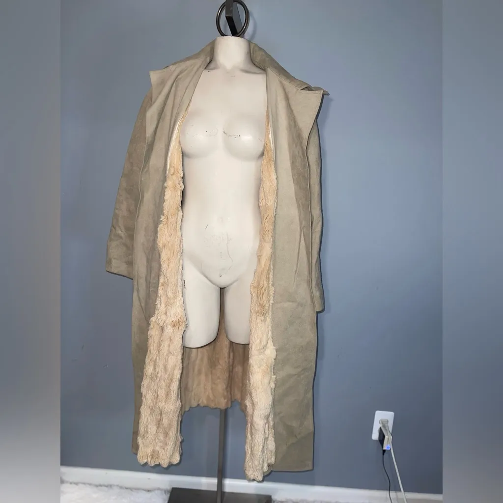 Vintage Gino Rossi for Wilson ultra suede long trench coat tan jacket tie waist Size M - Image 3