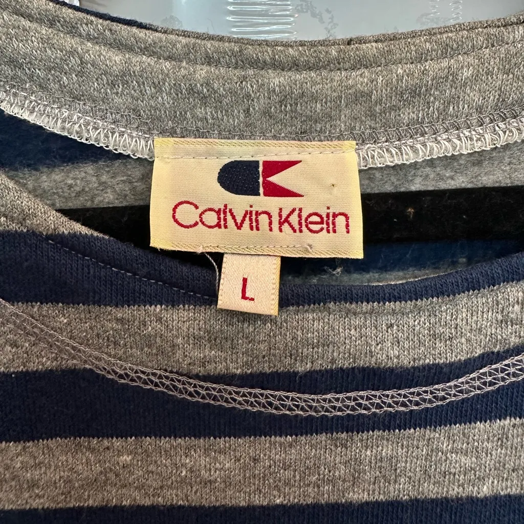 Vintage 80’s Calvin Klein Striped Navy & Gray Sweater Midi Dress Size Large L - Image 10