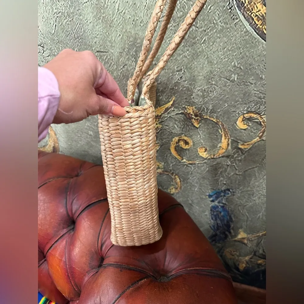 Vintage Cappelli Straw Handbag With Monkey, Flower and Coconut Palm Embroidery Tan - Image 3