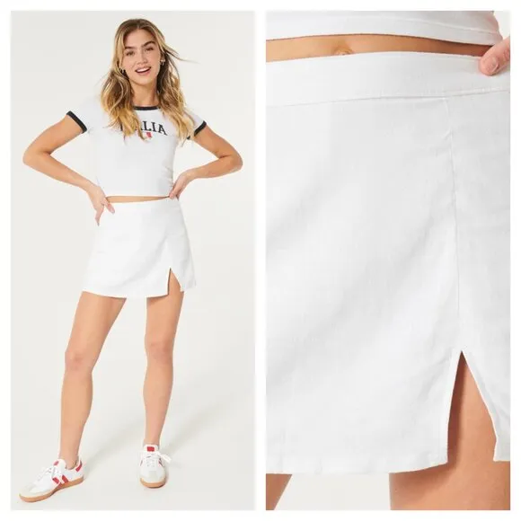 Hollister Linen Blend Mini Skirt Skort Lightweight Slit in White Women's M - Image 2