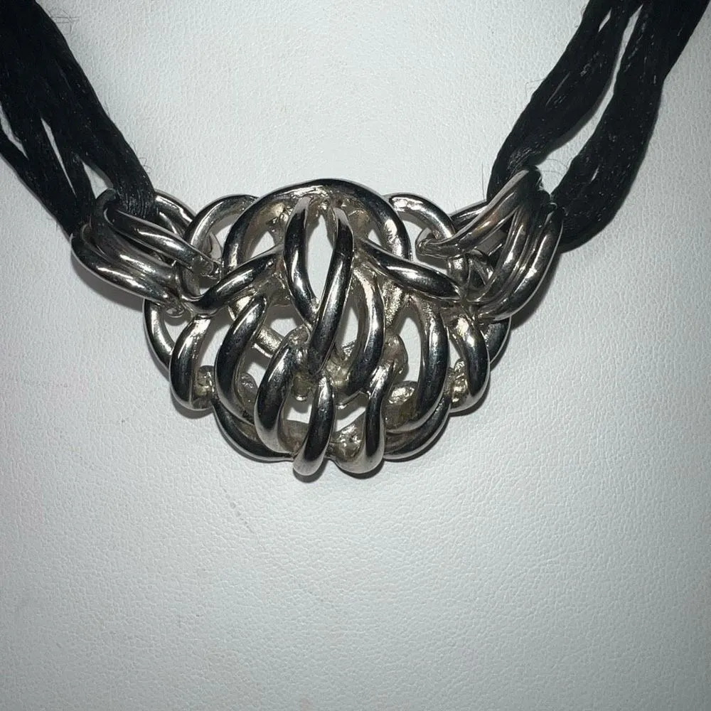 Multi Strand Silk Cord Silver Chunky Choker Necklace‎ Black - Image 2