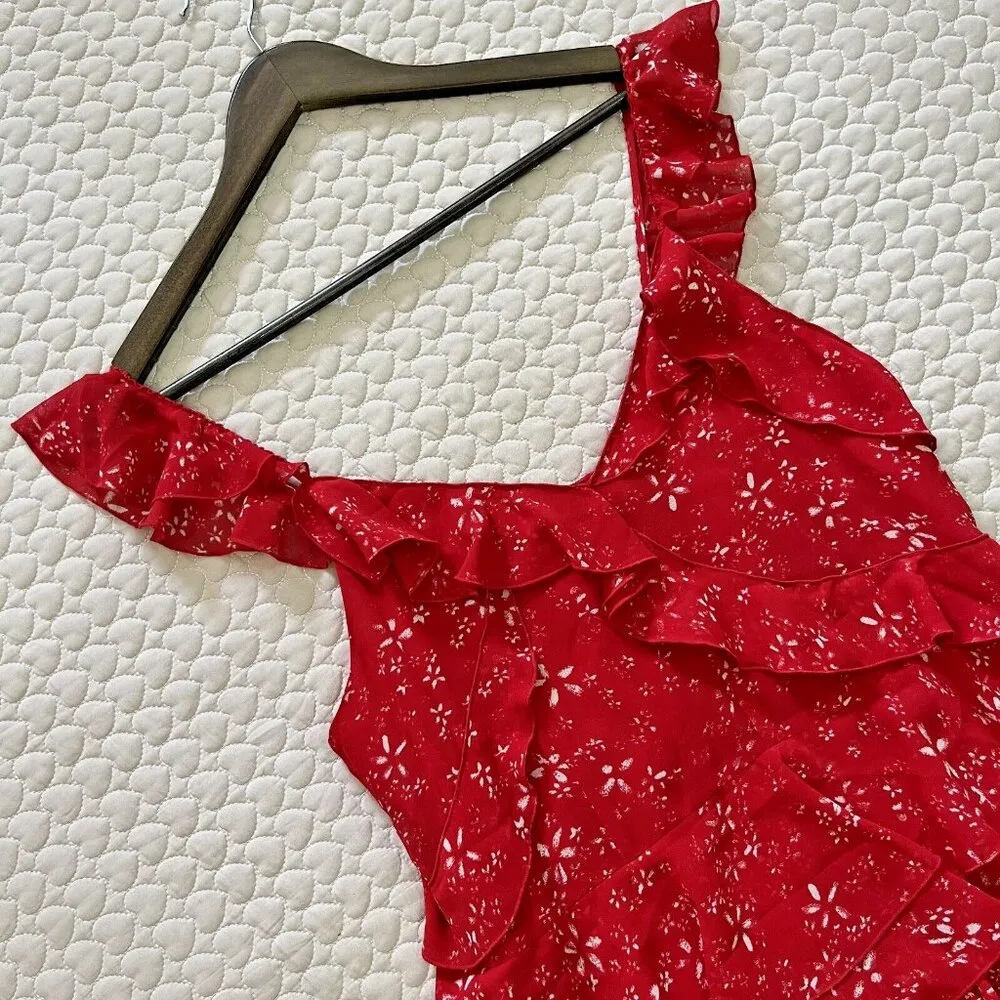 NWT The Kooples Moon Flower Red Floral Ruffle Mini Dress Size 2 - Image 3