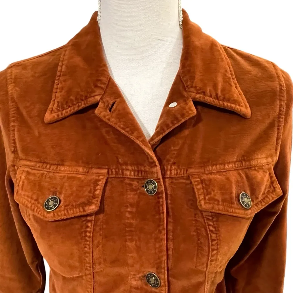 Free People Burnt Orange Button Down Velvet Long Sleeve Cropped Jacket - Image 2