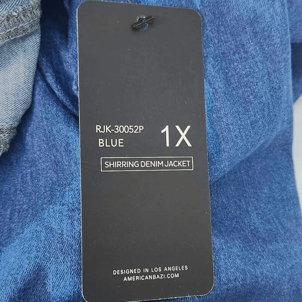 American Bazi Cropped Denim Jacket Size 1X NWT Scrunched Sleeve Jean Jacket - Image 7