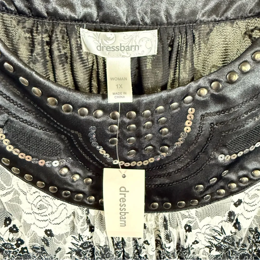 Y2K Sheer Lace Plus Size Black Tunic Top 1X Boho Feminine Floral Festival New - Image 12