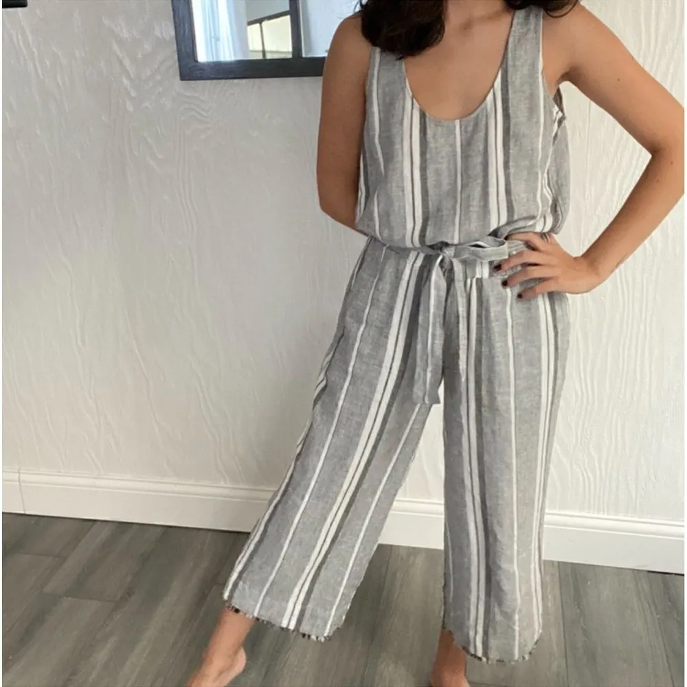 Cloth & Stone Anthropologie Gray White Linen Blend Striped Belted Jumpsuit Small - Image 4