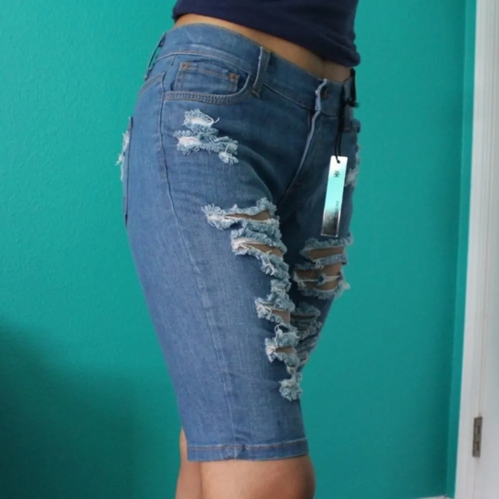 blue encore distressed denim shorts - Image 2