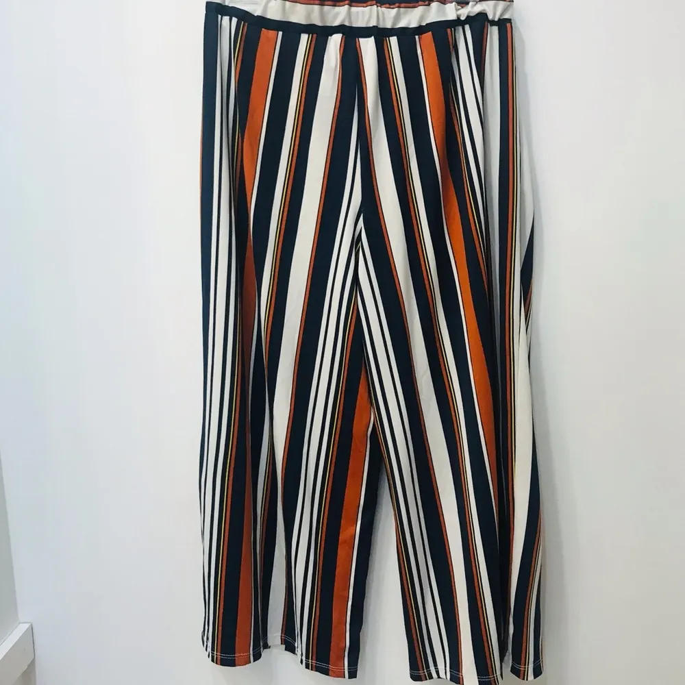 High Waist Tie Striped Wide Leg cropped pants culotte sz Large Orange - Image 3