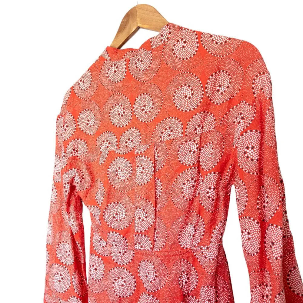 Staud Karlee Linen Long Sleeve Printed Bell Sleeve Mini Dress Coral Orange XS - Image 5