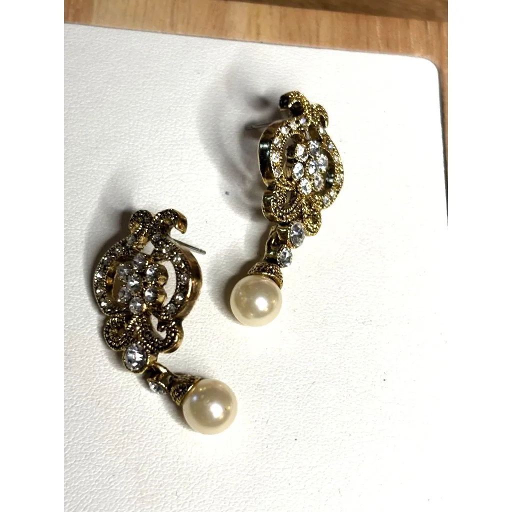 Gold Tone Crystal Pearl Dangle Earrings - Image 6