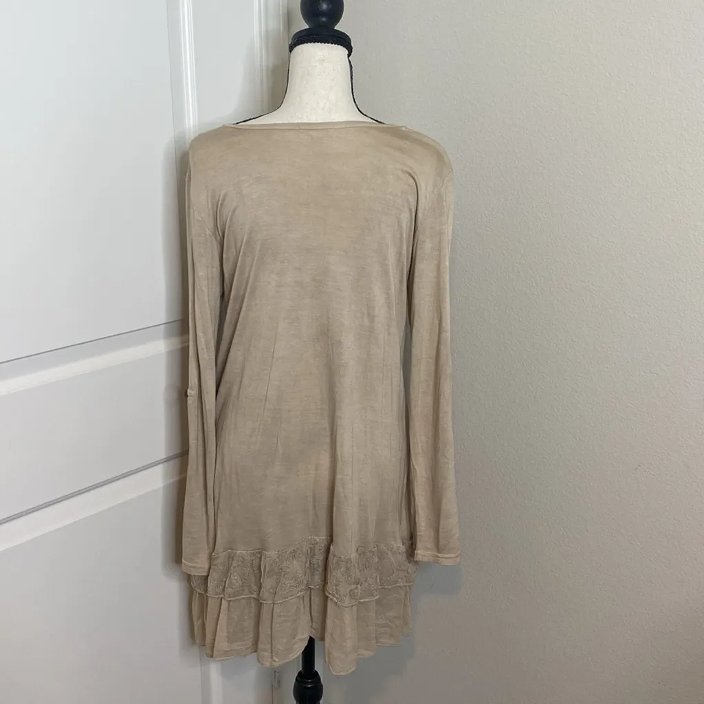 Soho Tan Peplum Embroidered Dress with 3/4 Bishop Sleeves - Image 2