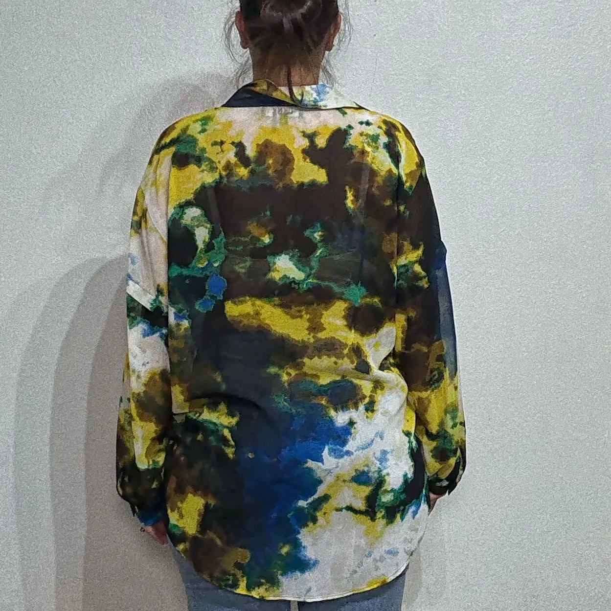 DKNY Black Sheer Cloud Print Button Down Blouse Sz L - Image 9