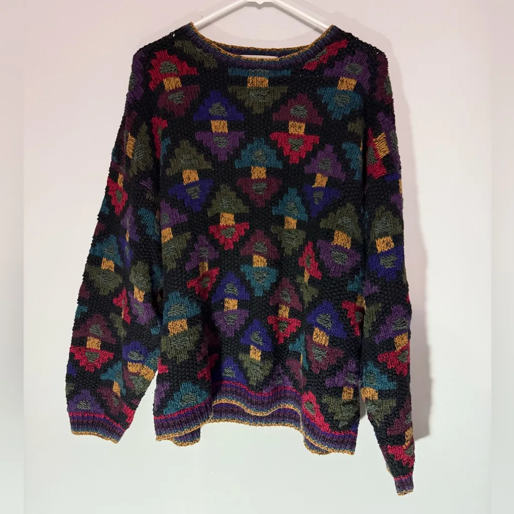 VTG NORTHERN ISLES Nordic Grandpa Sweater Funky Chunky Knit Multi Color Size XL Black - Image 2