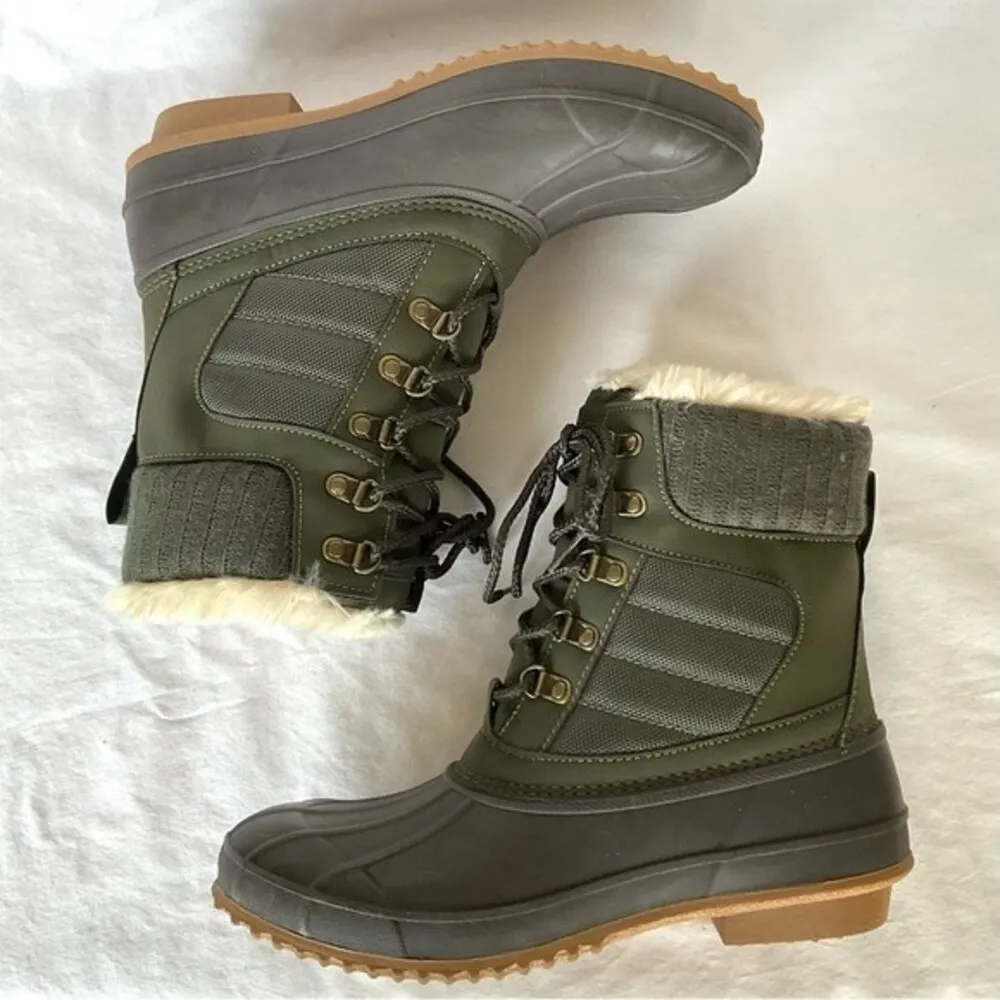 Khombu Faux Fur Duck Boots Booties Kathleen Waterproof Olive Green Sz 11 New - Image 6