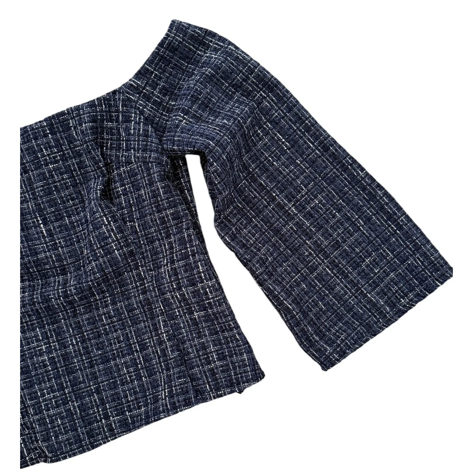 NEW ZARA Blue Tweed Textured Off Shoulder Top Flared Bell Long Sleeve Size Small - Image 5