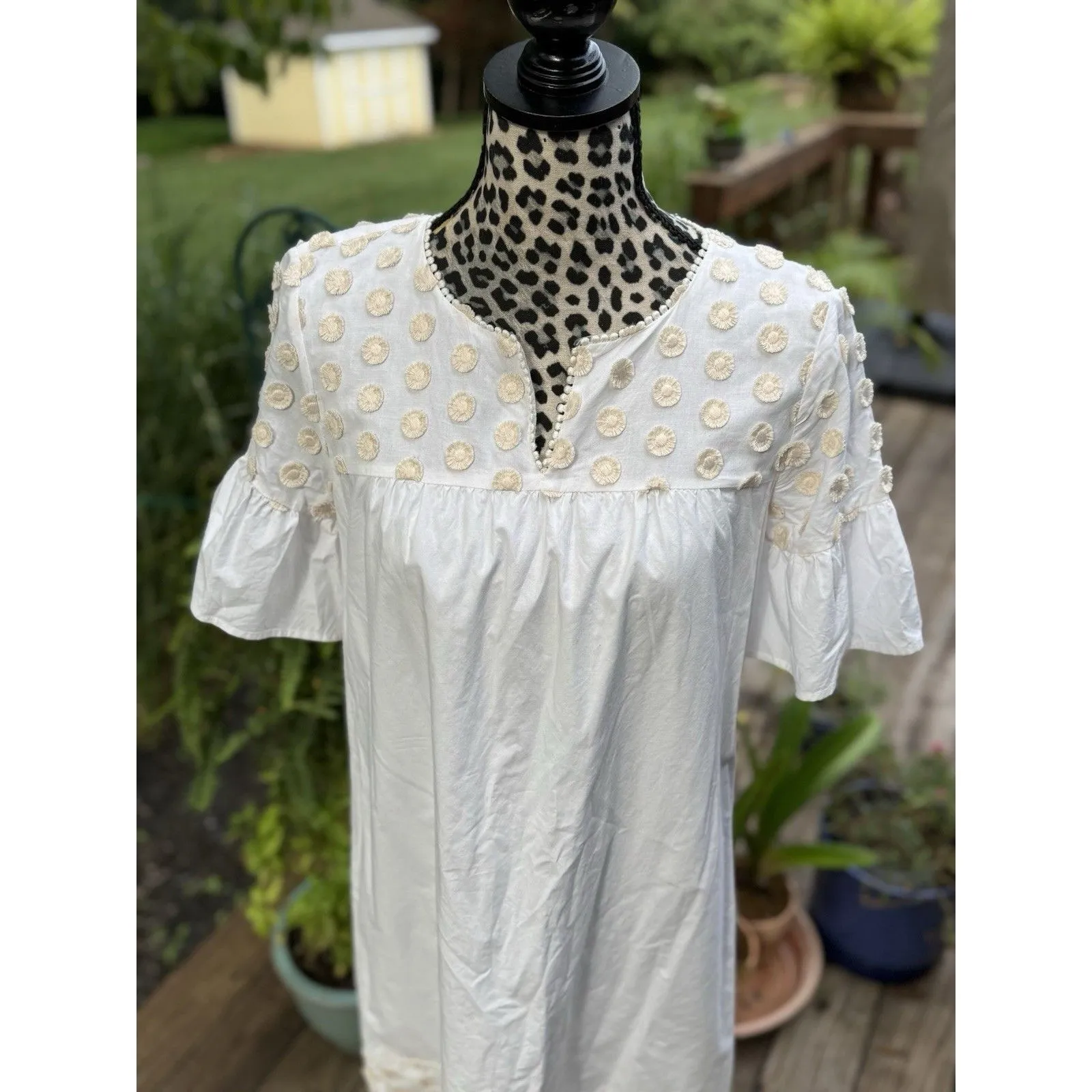 J.Crew Bell Sleeve Dress With Fringe Dot Marine Salt Ivory Size 8 Lined Preppy - Image 3