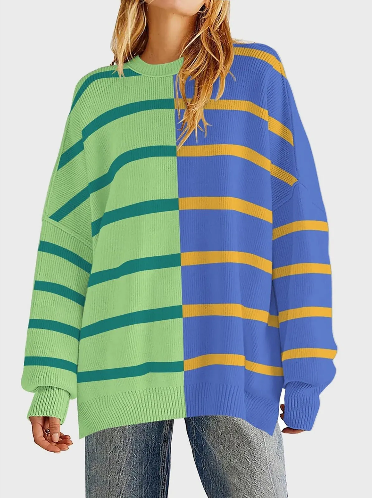 Boutique Dopamine Sweater Striped Green And Blue Viscose Hi Low XL Oversized - Image 1