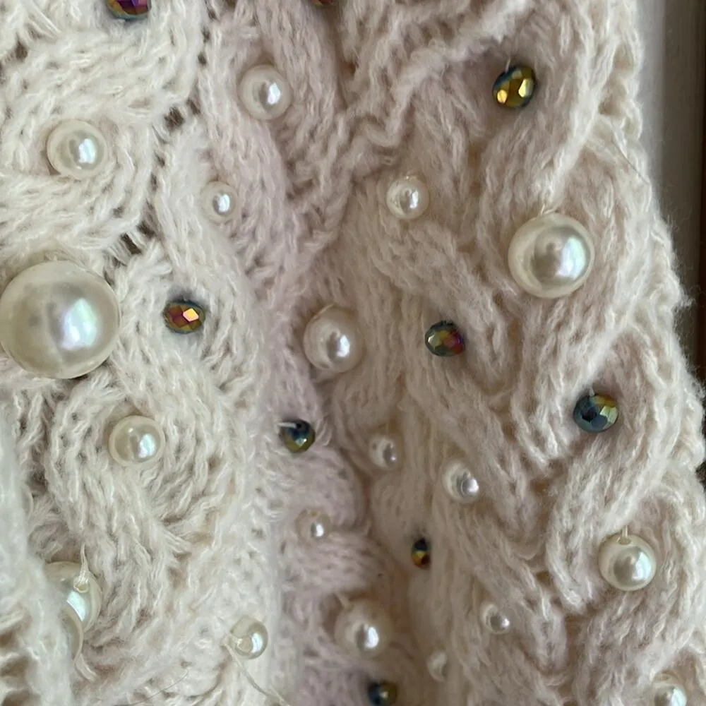 Anthropologie Embellished Pearl Open Cream Cardigan - Image 9