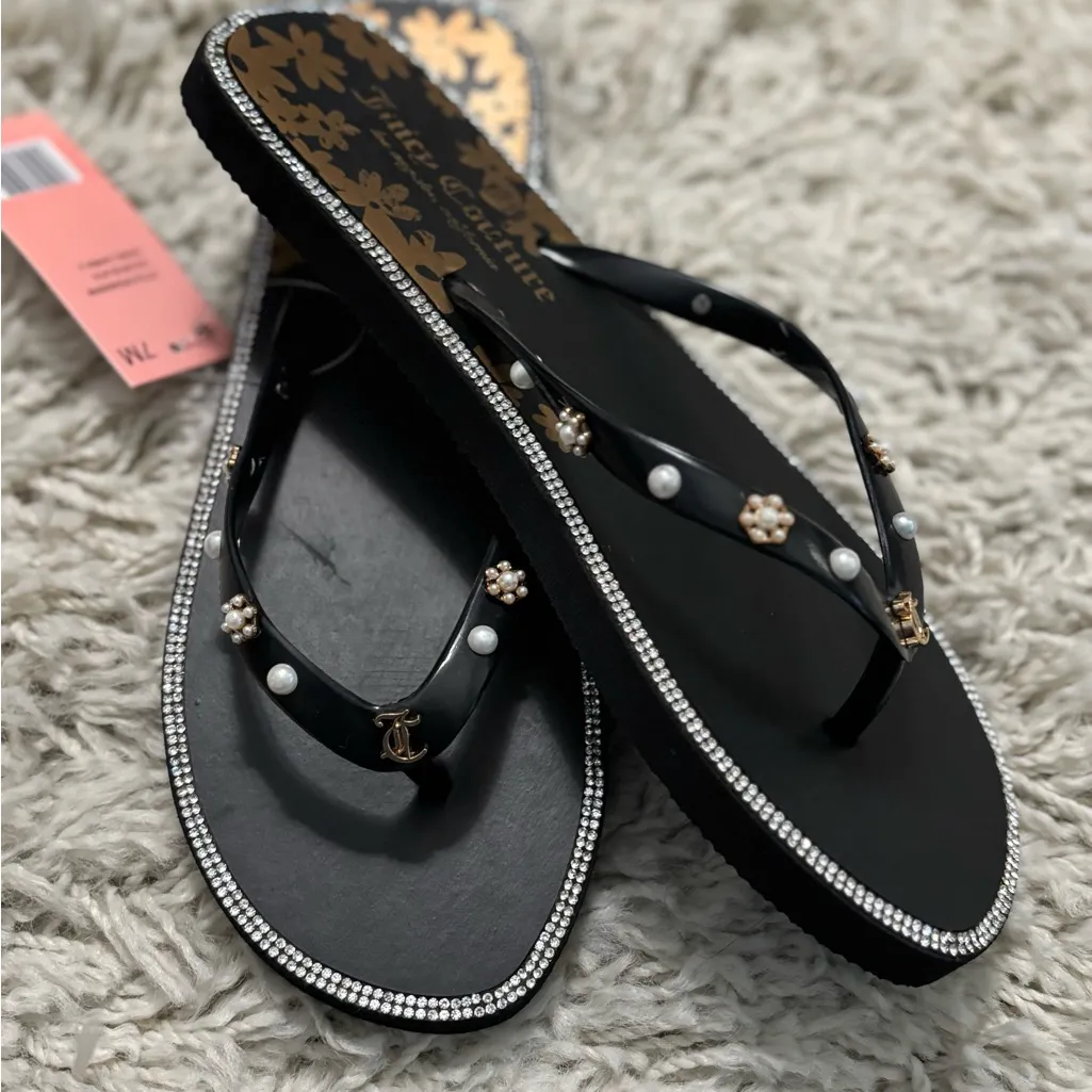 Juicy Couture Black Sandals with Gold Floral Design Size 7 - Image 9